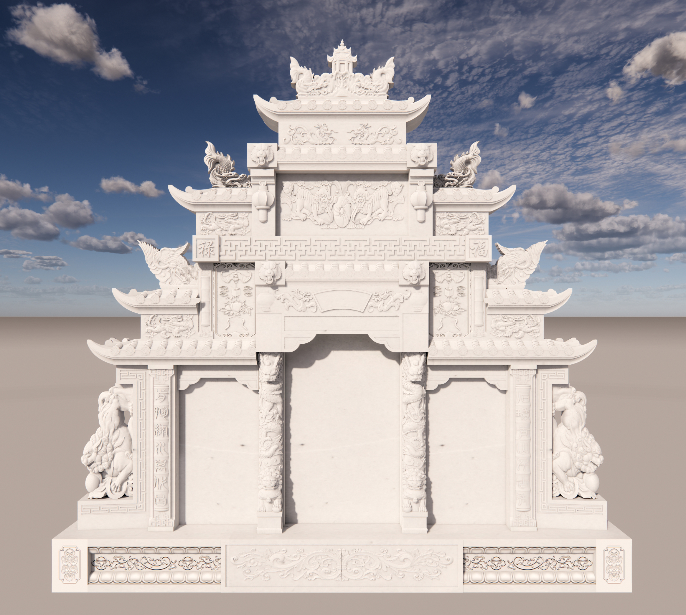 紫云石三碑四柱带龙柱狮子土葬墓碑