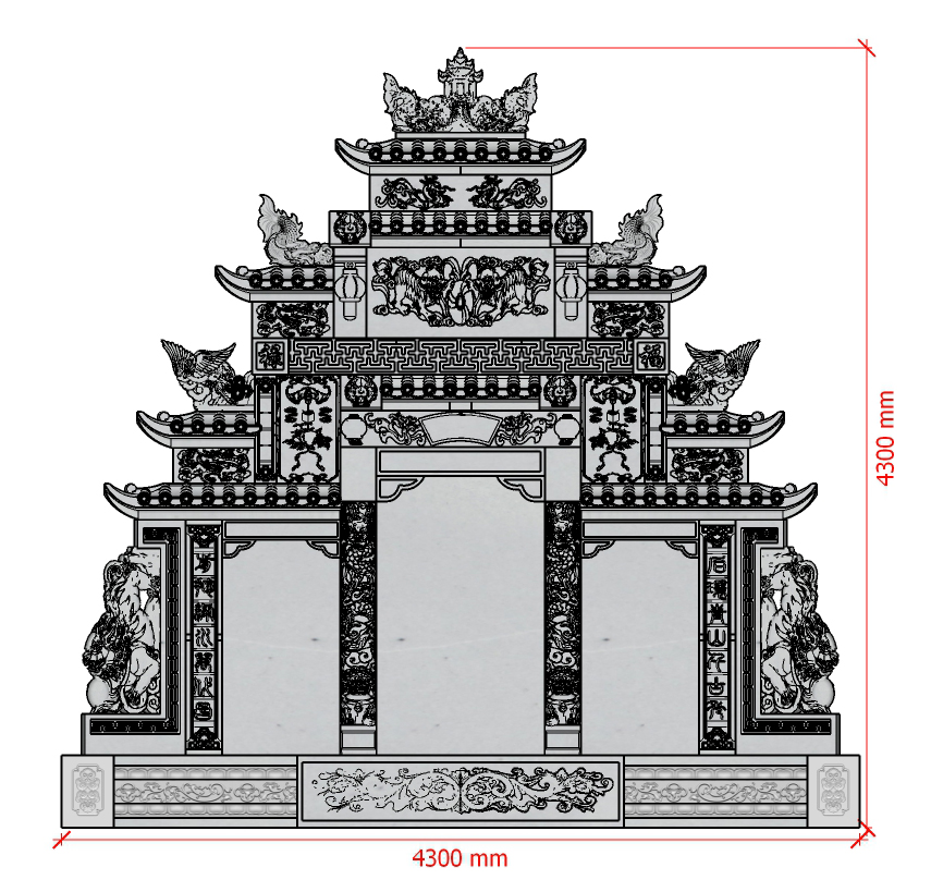 紫云石三碑四柱带龙柱狮子土葬墓碑 正面图 侧面图 图片预览