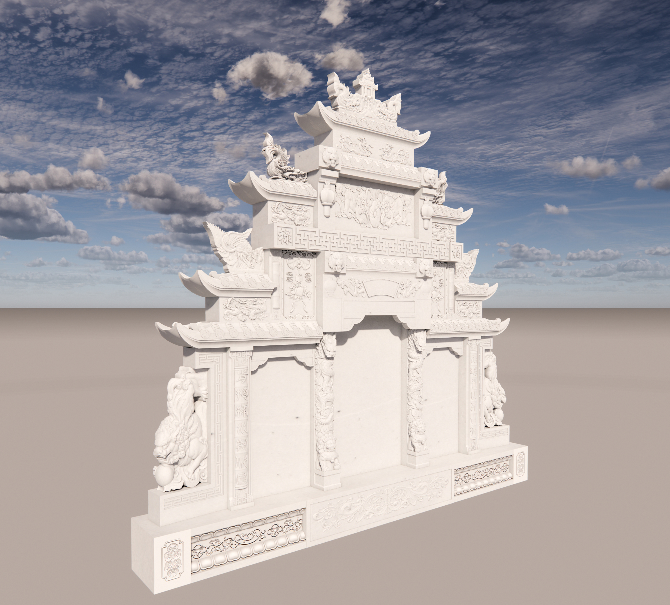 紫云石三碑四柱带龙柱狮子土葬墓碑 正面图 侧面图 图片预览