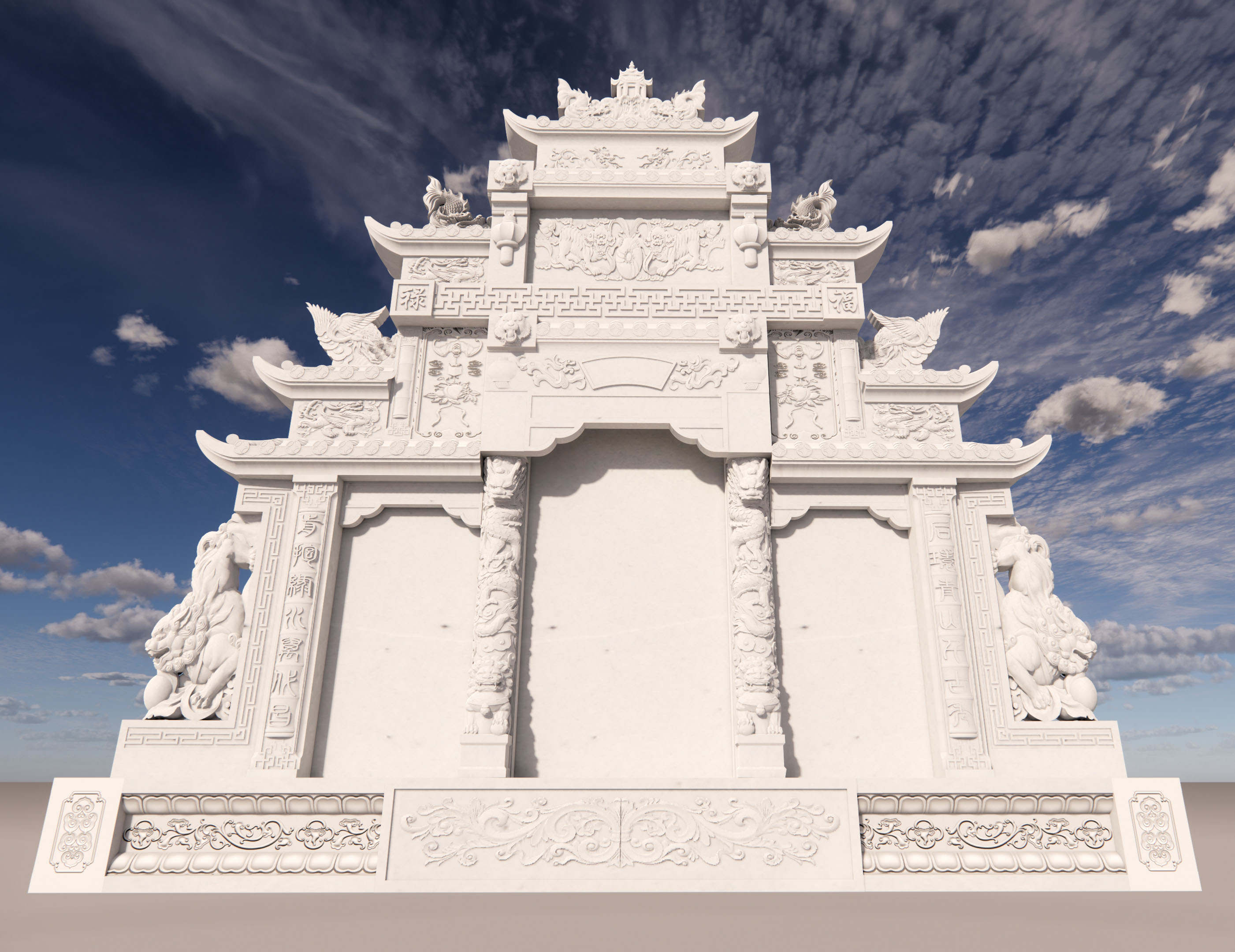 紫云石三碑四柱带龙柱狮子土葬墓碑 正面图 侧面图 图片预览